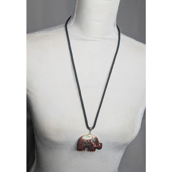 Vintage Cloisonné Elephant Pendant Necklace: Red, Teal & Pink BOHO Cottagecore - Picture 3 of 5